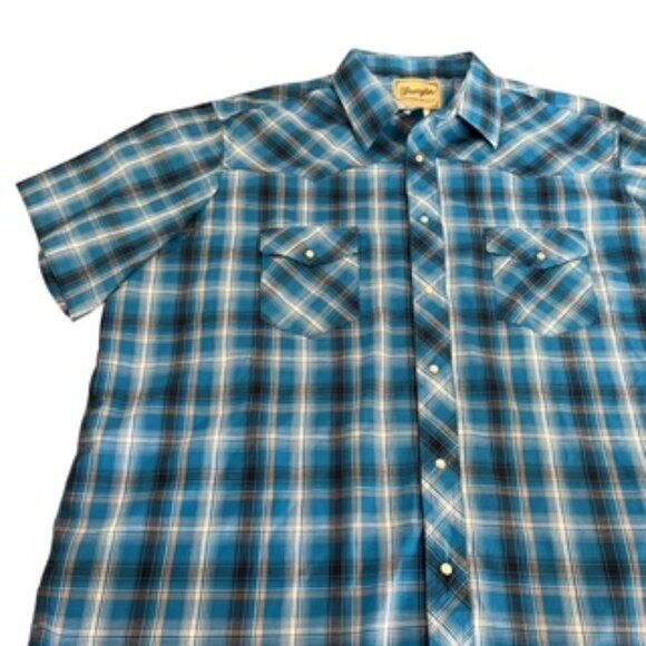 Wrangler‎ Blue Plaid Shirt Men's Size 2XL Pearl Snap Button Up Short Sleeve - Picture 1 of 11
